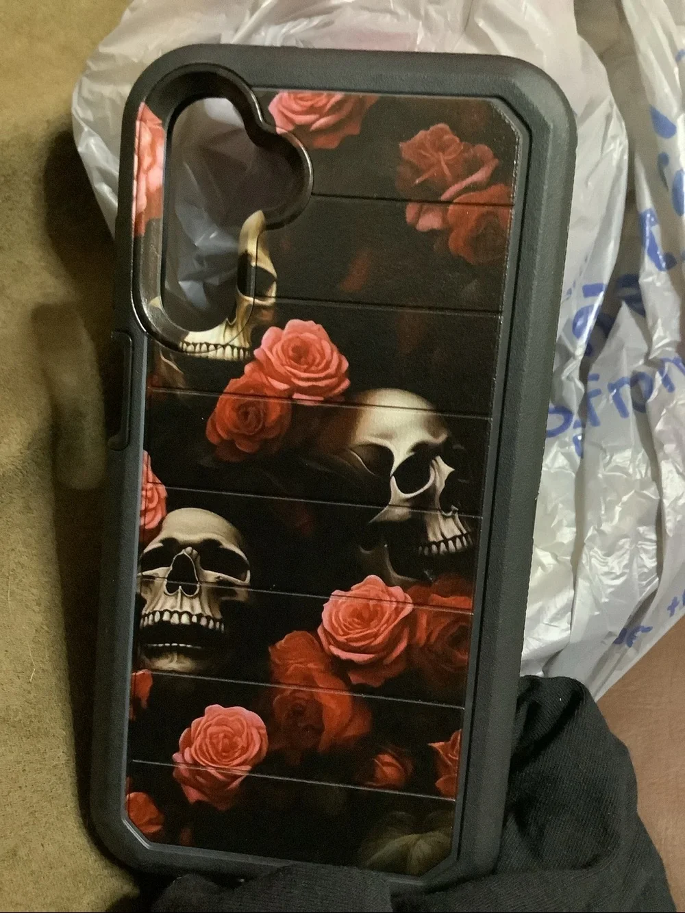 Galaxy Skulls & Roses Protective Phone Case - Black with Red Floral Design